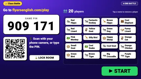 Class Battle lobby on a classroom projector with the game PIN and players