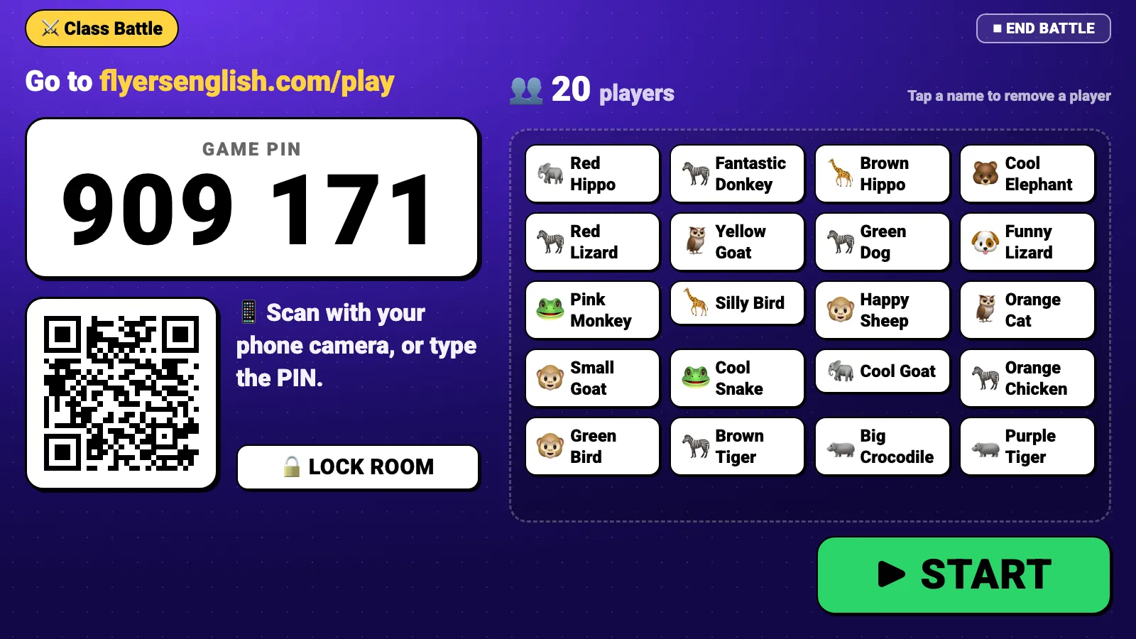 Projector lobby showing the game PIN, a QR code and 20 kids who have joined