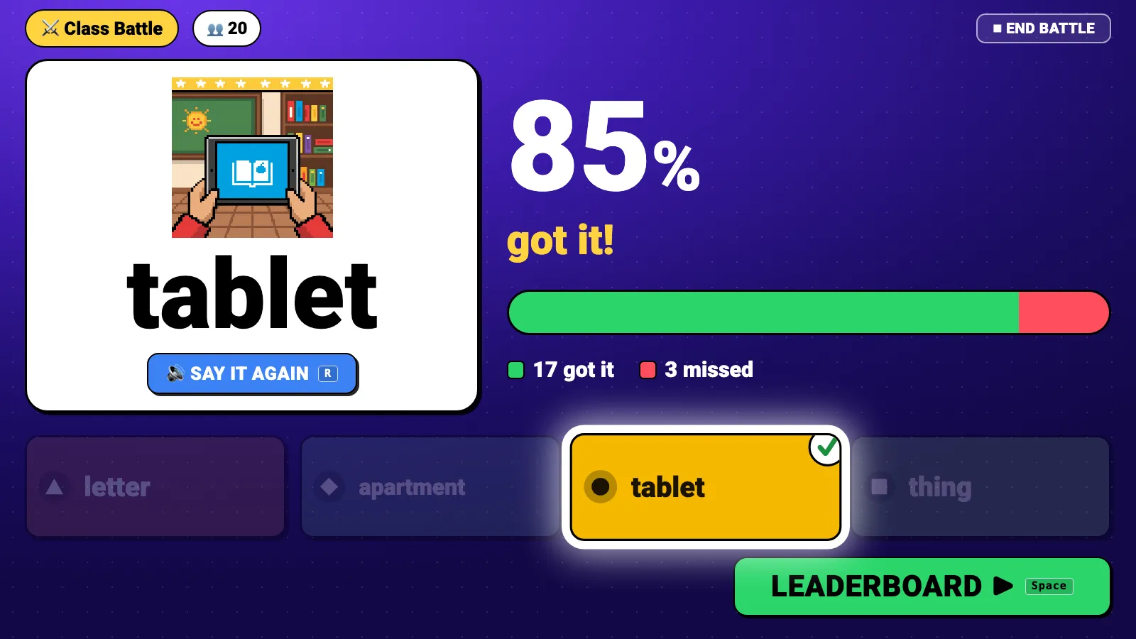 The reveal screen showing the right answer and the share of the class that got it